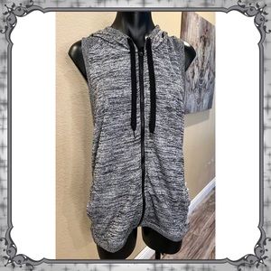 Hooded Black & Heather Grey Activewear Tank Top Marled Hoodie Vest Workout Shirt
